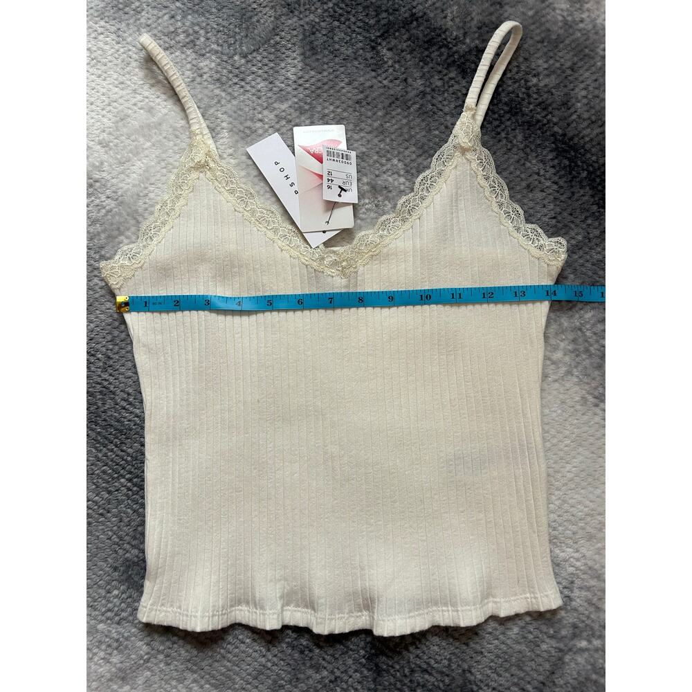 Topshop Lace Trim V Neck White Crop Cami Ribbed Top Size 12 Large Romantic NWT - Picture 5 of 9